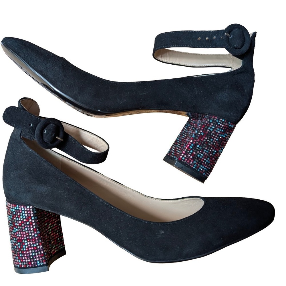 Karl Lagerfeld Solaine Rhinestone Black Suede Ankle‎ Strap Pump Size 10M